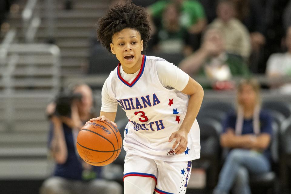 North Future All-Star Jordyn Poole (3), a junior from Fort Wayne Snider High School, brings the ball up court during the first half of an girlsâ€™ Indiana High School Future All-Stars basketball game against Indiana South Future All-Stars, Saturday, June 10, 2023, at Gainbridge Fieldhouse, in Indianapolis.