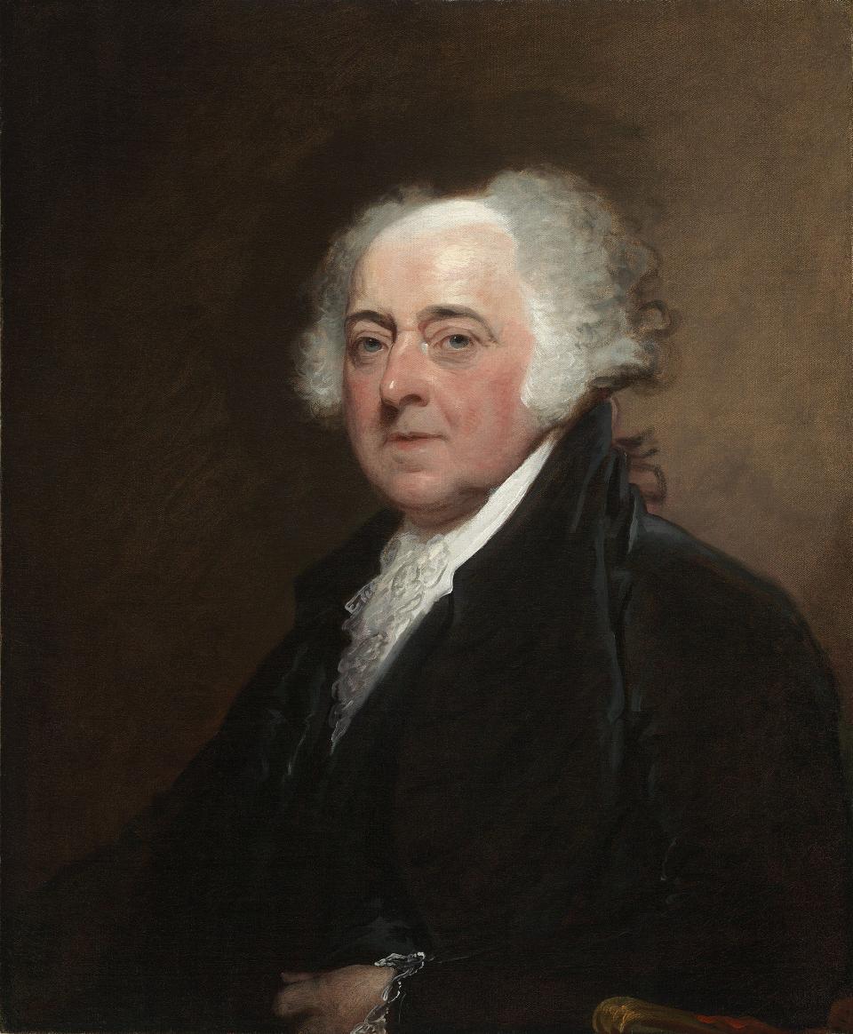 This oil painting portrait of John Adams, the second President of the United States, was painted by Gilbert Stuart.