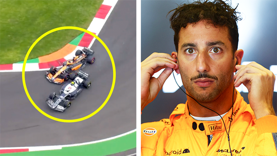 Daniel Ricciardo (pictured right) before a drive and (pictured left) Ricciardo clashing with AlphaTauri's Yuki Tsunoda.