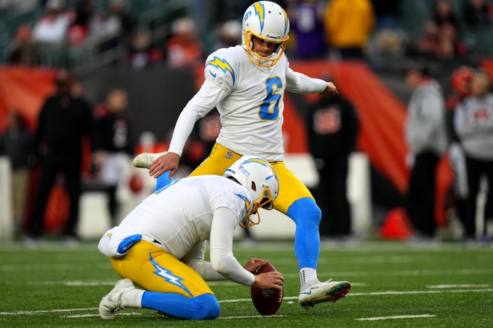 Los Angeles Chargers kicker Dustin Hopkins (6) kicks a field goal in the fourth quarter against the Cincinnati Bengals on Dec. 5, 2021, in Cincinnati.