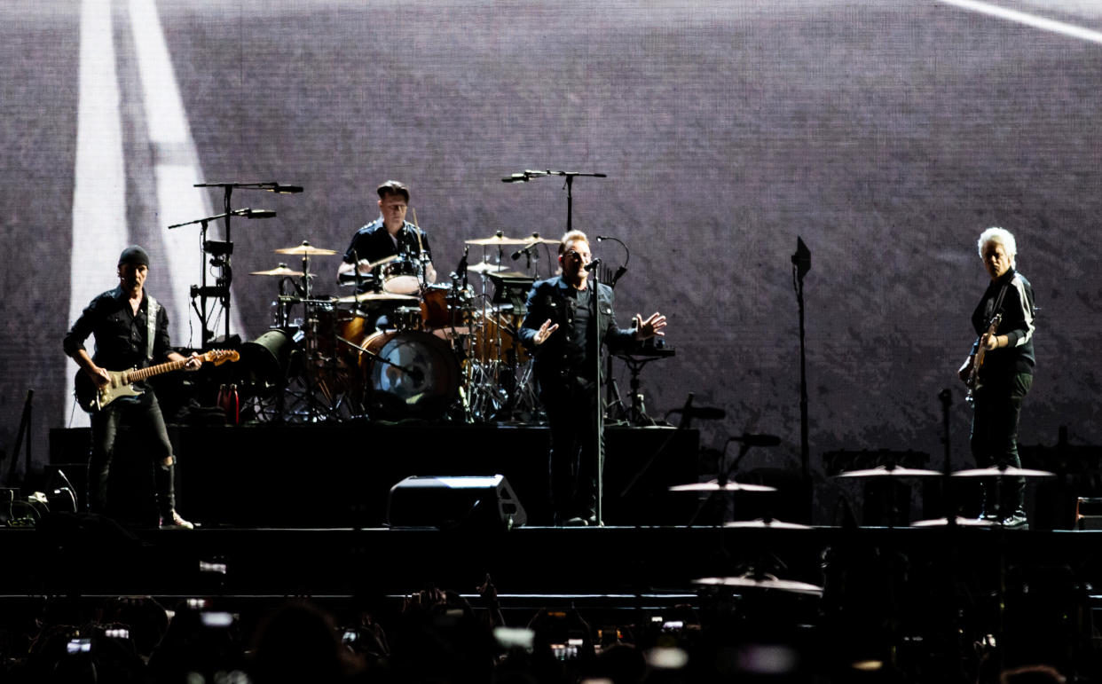 MELBOURNE, AUSTRALIA - NOVEMBER 15: The Edge, Larry Mullen Jr., Bono and Adam Clayton of U2 performs at Marvel Stadium on November 15, 2019 in Melbourne, Australia. (Photo by Mackenzie Sweetnam/Getty Images)