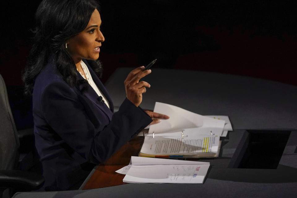 Moderator Kristen Welker of NBC News asks a question during the second and final presidential debate Thursday, Oct. 22, 2020, at Belmont University in Nashville, Tenn. (AP Photo/Morry Gash, Pool)