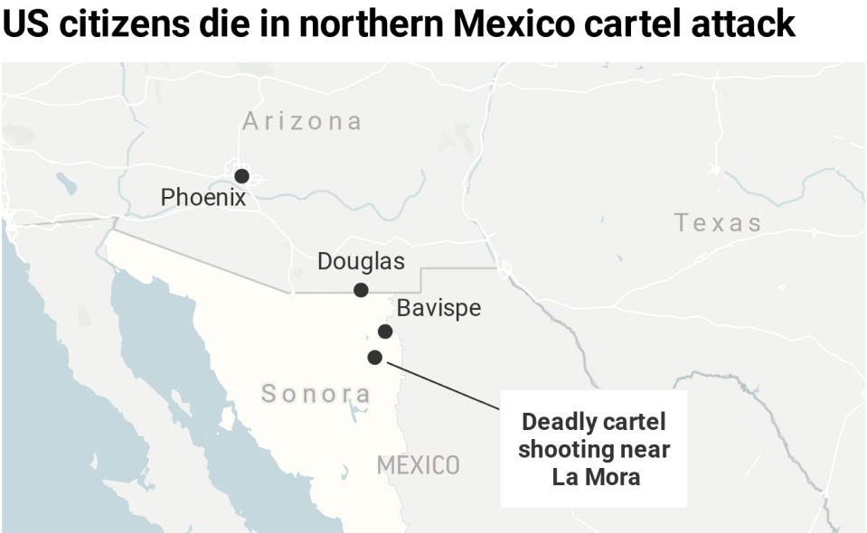 Map locates the site of the cartel killings of at least nine US citizens in the Mexican state of Sonoma;