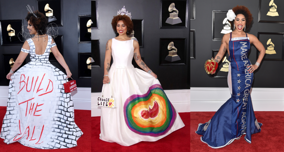 Singer Joy Villa's past Grammy outfits. Images via Getty.
