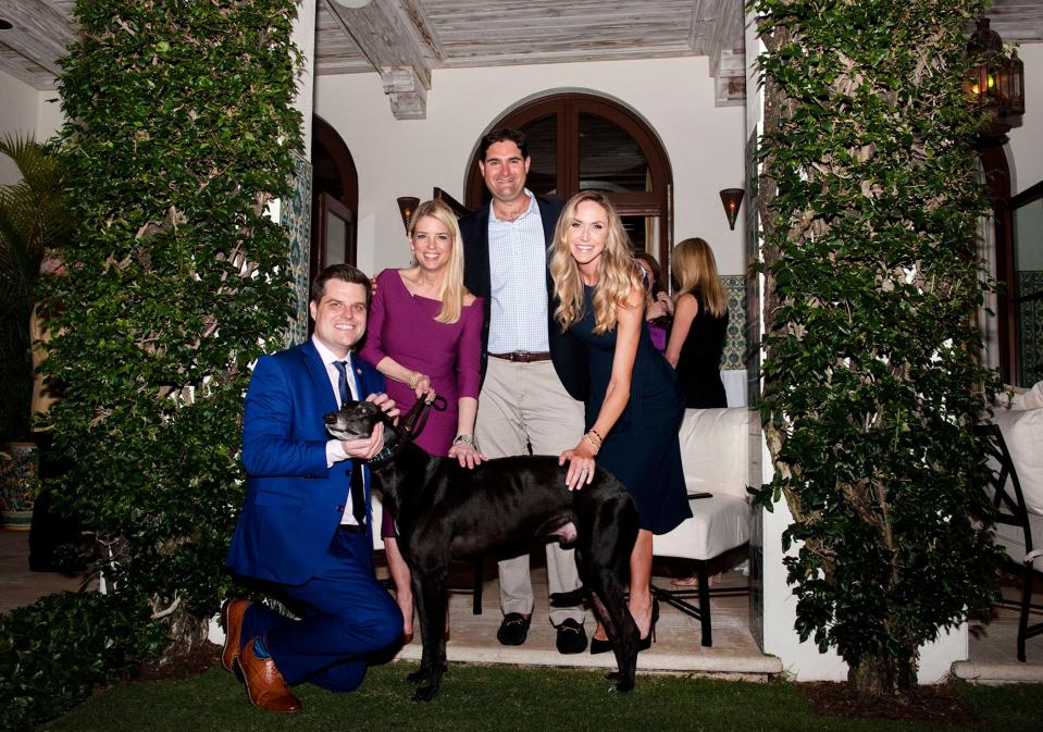 U.S. Rep. Matt Gaetz, Pam Bondi, Blair Brandt, and Lara Trump, former President Donald Trump's daughter-in-law, pose with Bart, a racing greyhound saved from being euthanized after he broke his leg. The group was at a 2019 fundraiser to support the Humane Society's efforts to find homes for greyhounds.
