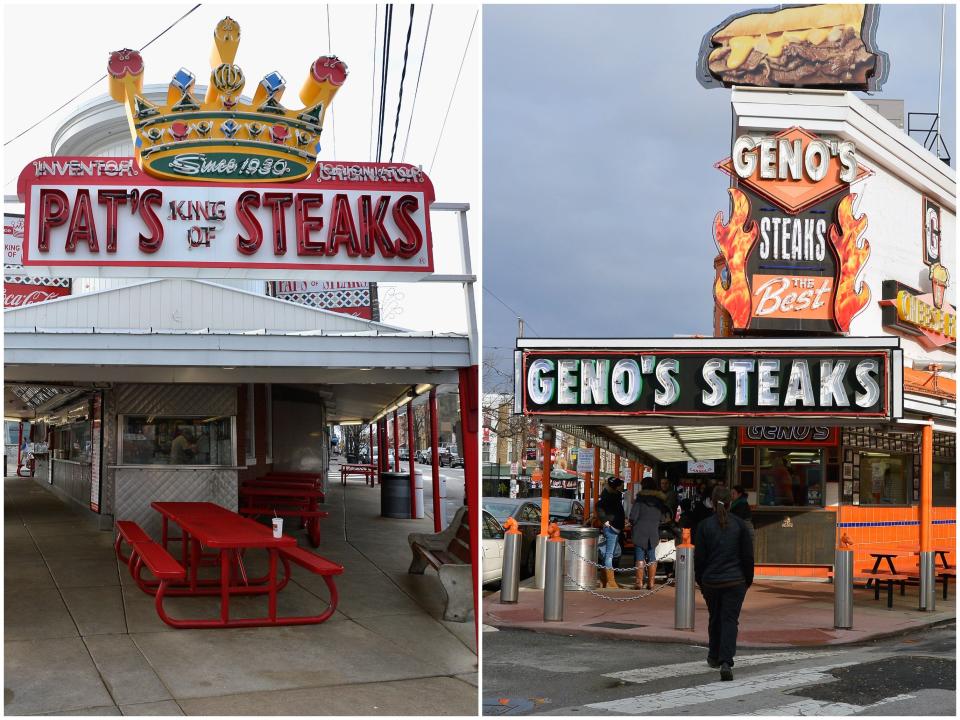 A side by side of Pat's King of Steaks and Geno's Steaks in Philadelphia, PA