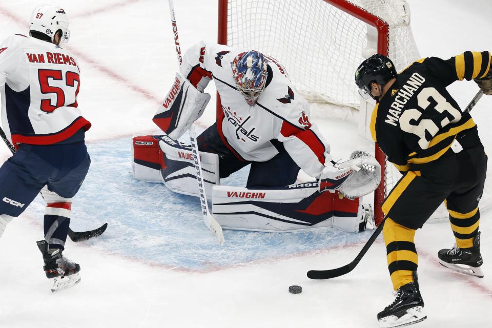 Boston Bruins' Brad Marchand (63) attempts to shoot against Washington Capitals' Darcy Kuemper (35) during the third period of an NHL hockey game, Saturday, Feb. 11, 2023, in Boston. (AP Photo/Michael Dwyer)