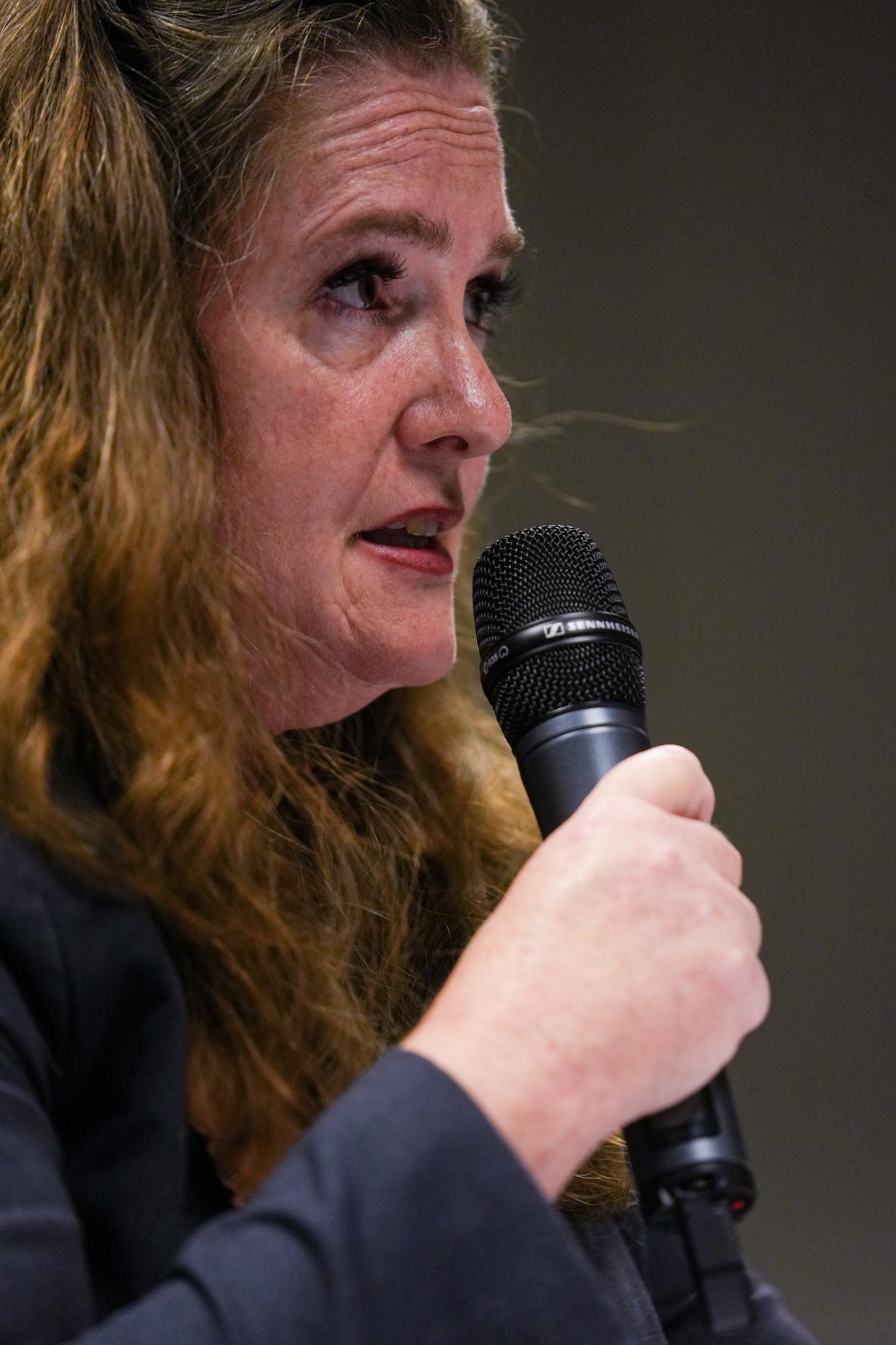 Rep. Liz Harris (R-Chandler) answers questions from House Speaker Pro-Tempore Travis Grantham (R-Gilbert) during a House Ethics Committee public hearing regarding an ethics complaint filled against her in Phoenix on Wednesday, March 29, 2023, in Phoenix.