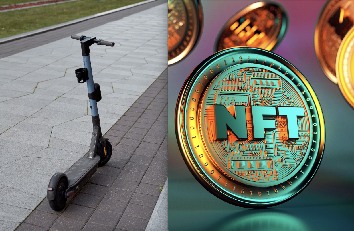 A composite image of tech, an electric scooter, and a logo of non-fungible token (NFT)