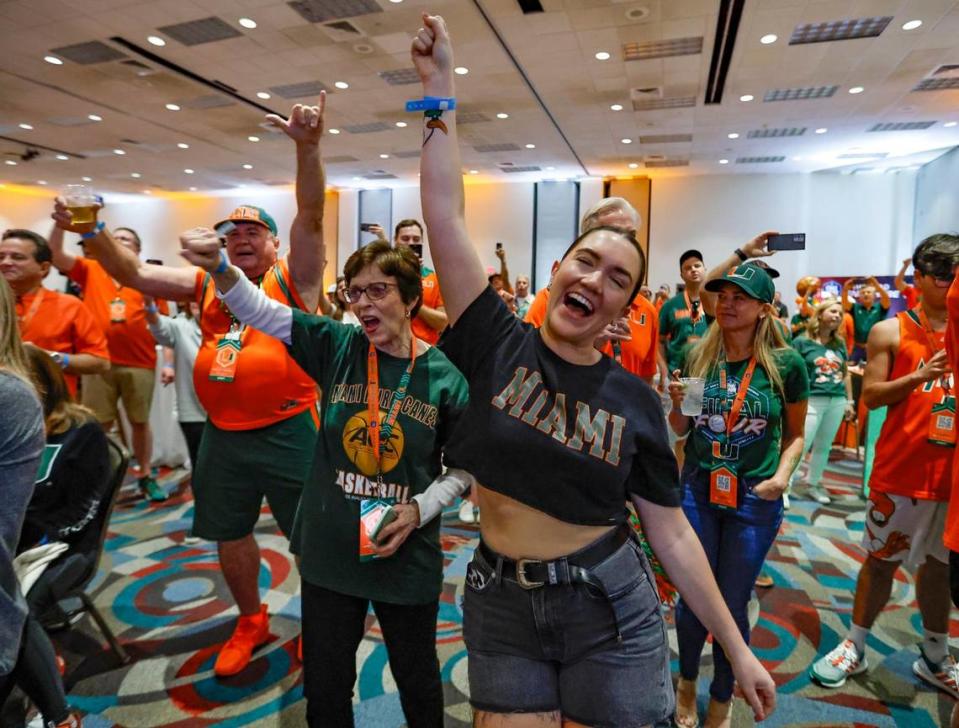 University of Miami fans Cheryl Shafron and Emmy Kingmaker show their support during pep rally before the start of the Men’s Basketball Championship National Semifinal between Florida Atlantic Owls against the San Diego State Aztecs at NRG Stadium in Houston, Texas on Saturday, April 1, 2023.