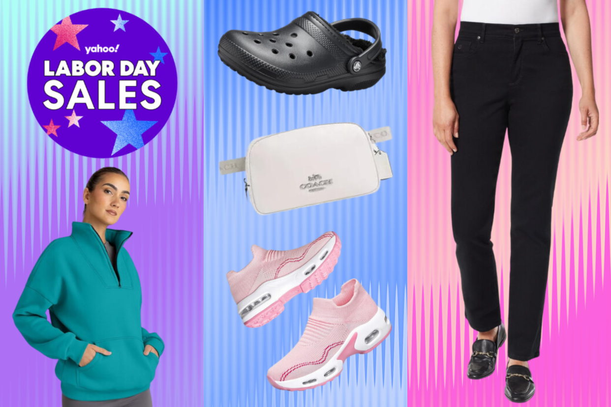 woman wearing teal pullover, black fuzzy lined Croc, white Coach belt bag, pink sneakers, woman wearing black jeans beside badge reading Yahoo! Labor Day Sales