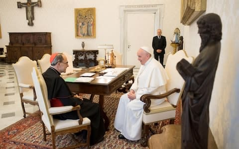 Pope Francis receives Cardinal Philippe Barbarin, Archbishop of Lyon, at the Vatican - Credit: Reuters