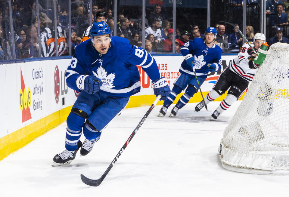 TORONTO, ON - JANUARY 18: Cody Ceci #83 of the Toronto Maple Leafs skates against the Chicago Blackhawks during the second period at the Scotiabank Arena on January 18, 2020 in Toronto, Ontario, Canada. (Photo by Mark Blinch/NHLI via Getty Images)