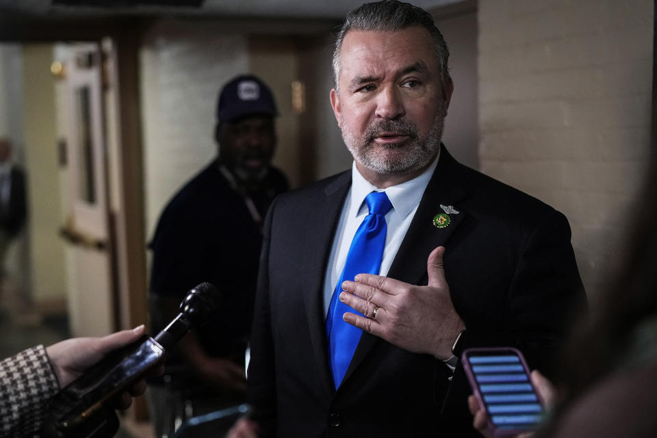 Rep. Don Bacon, R-Neb., speaks to reporters on his way to a closed-door GOP caucus meeting at the Capitol  (Drew Angerer / Getty Images)