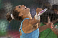 Valarie Allman competes during the finals of women's discus throw at the U.S. Olympic Track and Field Trials Saturday, June 19, 2021, in Eugene, Ore. (AP Photo/Charlie Riedel)