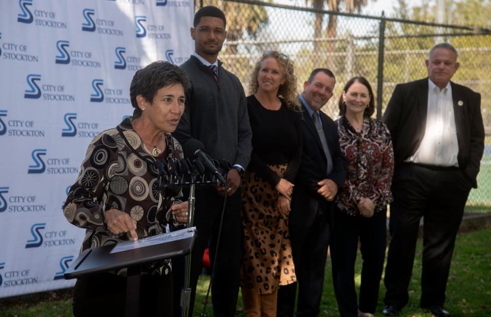 (3/31/22)State senator Susan Talamantes Eggman, left, speaks while Stockton City Council; Mayor Kevin Lincoln, vice mayor Christina Fugazi, Paul Canepa, Susan Lenz and Dan Wright listen during ceremony announcing the awarding of $5.4 million to Stockton for the rebuilding of the community pools at Victory and McKinley parks in Stockton. CLIFFORD OTO/THE STOCKTON RECORD