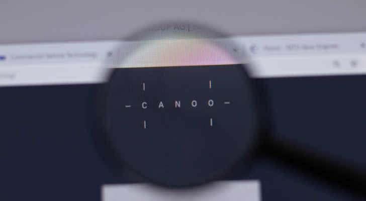 A magnifying lens over the Canoo company website GOEV stock