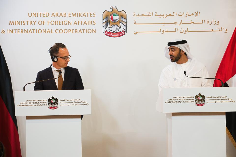 German Foreign Minister Heiko Maas, left, ends a news conference with foreign minister of the United Arab Emirates, Sheikh Abdullah bin Zayed Al Nahyan, in Abu Dhabi, United Arab Emirates, Sunday, June 9, 2019. Maas visited the UAE as part of a Mideast tour before heading to Iran to discuss heightened regional tensions between Tehran and the U.S. (AP Photo/Jon Gambrell)