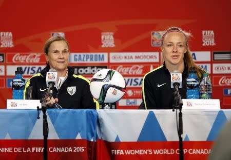 United States head coach Jill Ellis (left) and defender Becky Sauerbrunn address the media during a press conference before a training session for the 2015 Women's World Cup at Lansdowne Stadium. Michael Chow-USA TODAY Sports - Jun 25, 2015; Ottawa, Ontario, CAN;