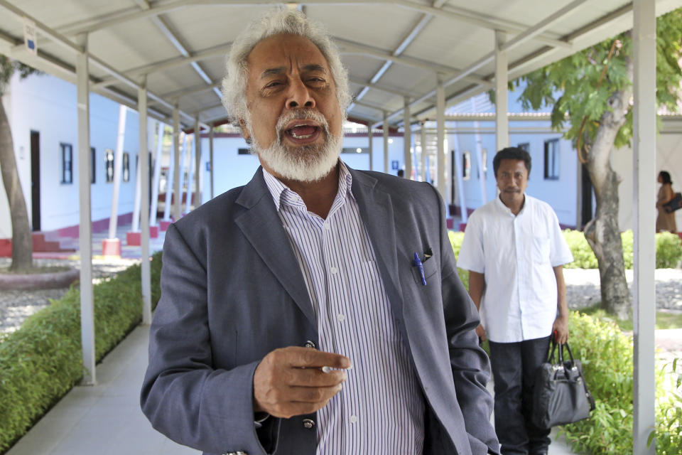 FILE - East Timor's Prime Minister Xanana Gusmao talks to the media after attending a democracy seminar in Dili, East Timor, on Feb. 6, 2015. East Timor’s opposition party won the parliamentary election held on May 21, 2023, meaning independence fighter Xanana Gusmao is likely to return as prime minister in Asia’s youngest democracy. (AP Photo/Kandhi Barnez, File)