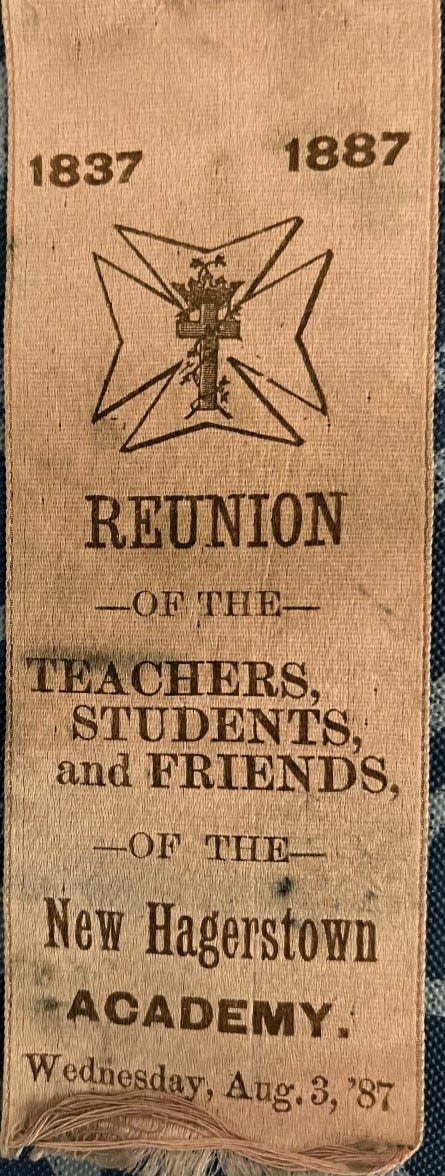 This ribbon was given out during the 1887 reunion of the New Hagerstown Academy in Carroll County.