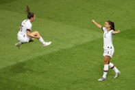 Alex Morgan and Kelley O'hara of the USA celebrate following victory in the 2019 FIFA Women's World Cup France Quarter Final match between France and USA at Parc des Princes on June 28, 2019 in Paris, France. (Photo by Robert Cianflone/Getty Images)
