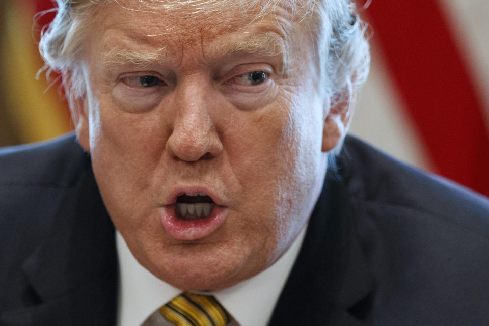 In this April 4, 2019, photo, President Donald Trump speaks during the White House Opportunity and Revitalization Council meeting in the Cabinet Room of the White House in Washington. (AP Photo/Evan Vucci)