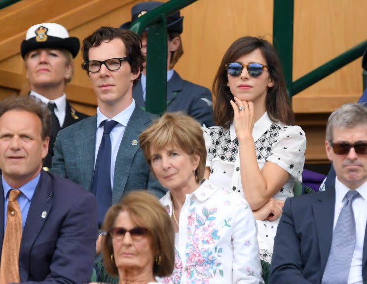 Benedict Cumberbatch and Sophie Hunter attend the Men's Final of the Wimbledon Tennis Championships between Milos Raonic and Andy Murray at Wimbledon on July 10, 2016 in London, England. (Photo by Karwai Tang/WireImage)