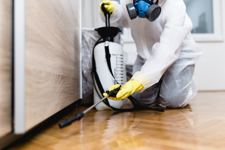 Person in protective gear using a pest control spray device near kitchen cabinets
