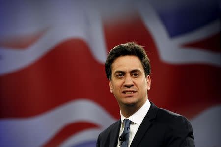 Britain's opposition Labour Party leader Ed Miliband delivers an election speech to supporters at the Royal Horticultural Halls in London, Britain May 2, 2015. REUTERS/Stefan Wermuth