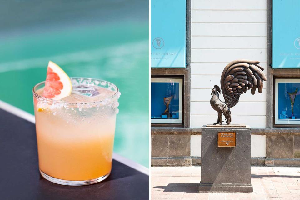 Two photos from Mexico, showing a colorful Paloma cocktail, and a rooster sculpture by artist Sergio Bustamente