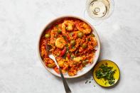 This low-key dinner from Kendra Vaculin uses the same sauce as this <a href="https://www.epicurious.com/recipes/food/views/baked-rigatoni-red-peppers-green-olives?mbid=synd_yahoo_rss" rel="nofollow noopener" target="_blank" data-ylk="slk:peppery, olivey baked rigatoni dish;elm:context_link;itc:0" class="link ">peppery, olivey baked rigatoni dish</a>. So you might want to double up. <a href="https://www.epicurious.com/recipes/food/views/one-pot-shrimp-and-rice?mbid=synd_yahoo_rss" rel="nofollow noopener" target="_blank" data-ylk="slk:See recipe.;elm:context_link;itc:0" class="link ">See recipe.</a>