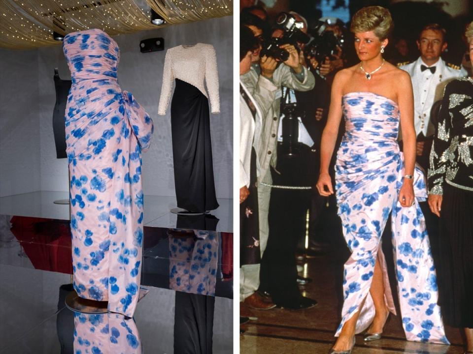 A pink and blue dress worn by Princess Diana, pictured left, is part of a new exhibition in Las Vegas. The royal is shown, at right, wearing the gown at a formal occasion in the 1980s.