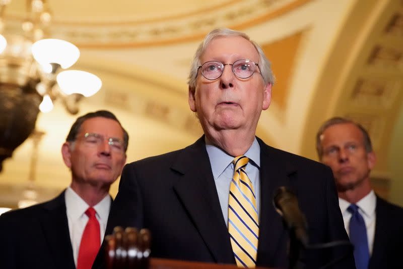 U.S. Senate Minority Leader Mitch McConnell speaks to reporters following the weekly Senate lunch at the U.S. Capitol in Washington