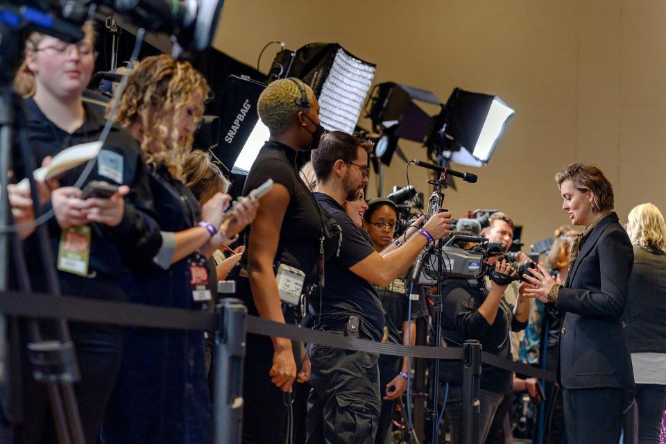 Singer-songwriter Brandi Carlile, far right, is interviewed by a Middle Tennessee State University student media crew during a red carpet event Nov. 3 as part of country music legend Wynonna Judds' history-making concert event, "The Judds: Love Is Alive - The Final Concert" at the Murphy Center. Carlilie joined Wynonna's other current tourmates Ashley McBryde, Kelsea Ballerini, Little Big Town and Martina McBride for the made-for-TV concert, which is set to air in spring 2023.