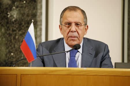 Russia's Foreign Minister Sergei Lavrov talks during a news conference after a bilateral meeting with Finland's Foreign Minister Timo Soini at Oulu City Hall, October 14, 2015. REUTERS/Timo Heikkala/Lehtikuva
