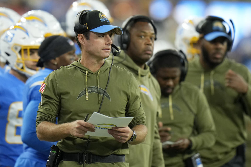 Los Angeles Chargers head coach Brandon Staley stands on the sidelines during the first half of an NFL football game against the Kansas City Chiefs Sunday, Nov. 20, 2022, in Inglewood, Calif. (AP Photo/Jae C. Hong)