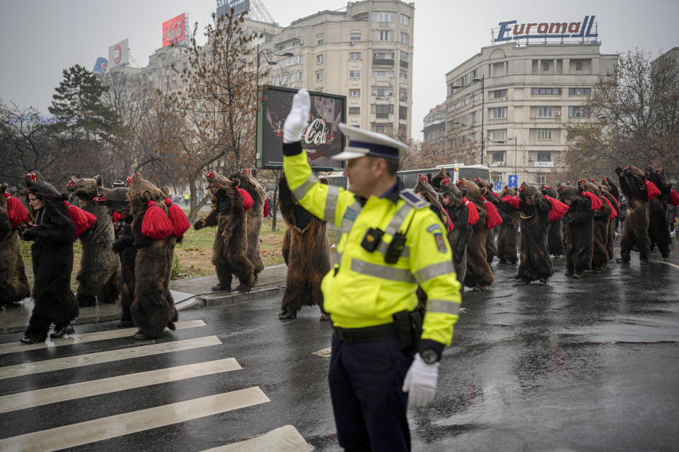 A policeman stops vehicles for people wearing bear fur costumes to cross a street during a parade showcasing winter traditions from the northeast of the country in Bucharest, Romania, Sunday, Dec. 18, 2022. AP Photo/Vadim Ghirda)