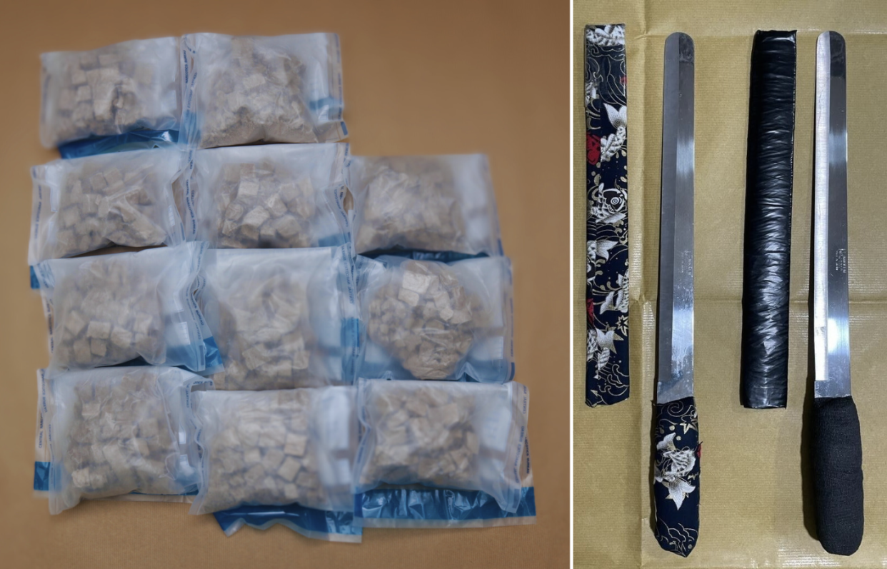 Controlled drugs heroin (left) and knives (right) seized in CNB operation conducted on 26 April 2023 (Photos: Central Narcotics Bureau)