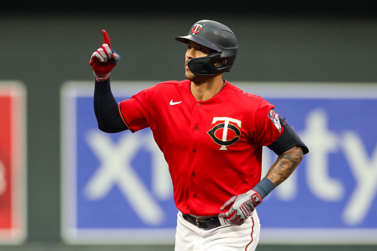 MINNEAPOLIS, MN - AUGUST 26: Carlos Correa #4 of the Minnesota Twins celebrates his two-run home run as he rounds the bases against the San Francisco Giants in the first inning of the game at Target Field on August 26, 2022 in Minneapolis, Minnesota. (Photo by David Berding/Getty Images)
