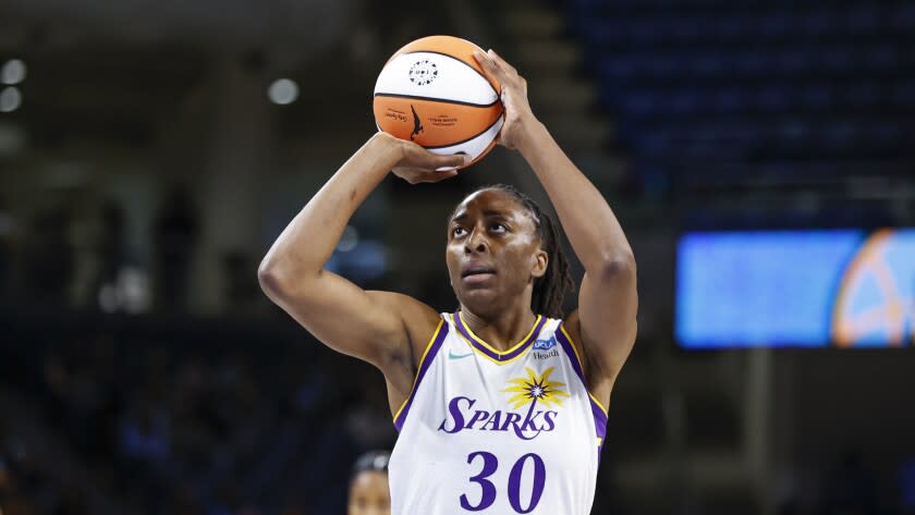 Los Angeles Sparks forward Nneka Ogwumike shoots a free throw against the Chicago Sky.