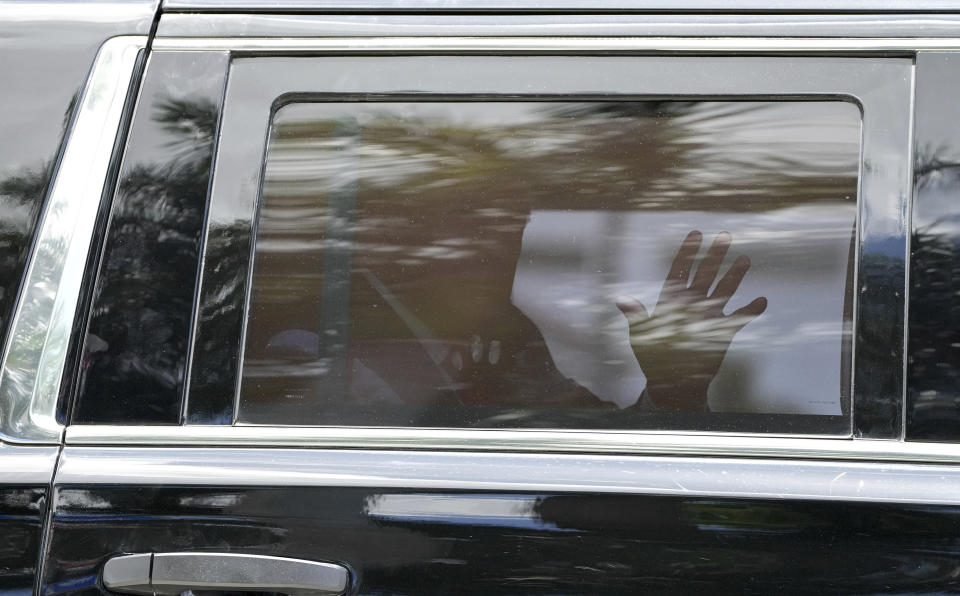 Former President Donald Trump leaves his Trump National Doral resort, Tuesday, June 13, 2023 in Doral, Fla. (AP Photo/Jim Rassol)