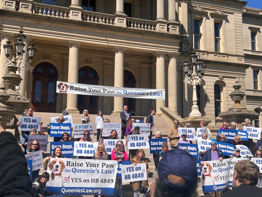 Ryan Merkley speaking at the Queenie’s Law rally at the state capitol (WLNS)