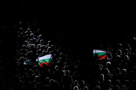Tennis - ATP World Tour Finals - The O2 Arena, London, Britain - November 19, 2017 Fans hold Bulgaria flags during the final between Bulgaria's Grigor Dimitrov and Belgium's David Goffin REUTERS/Toby Melville
