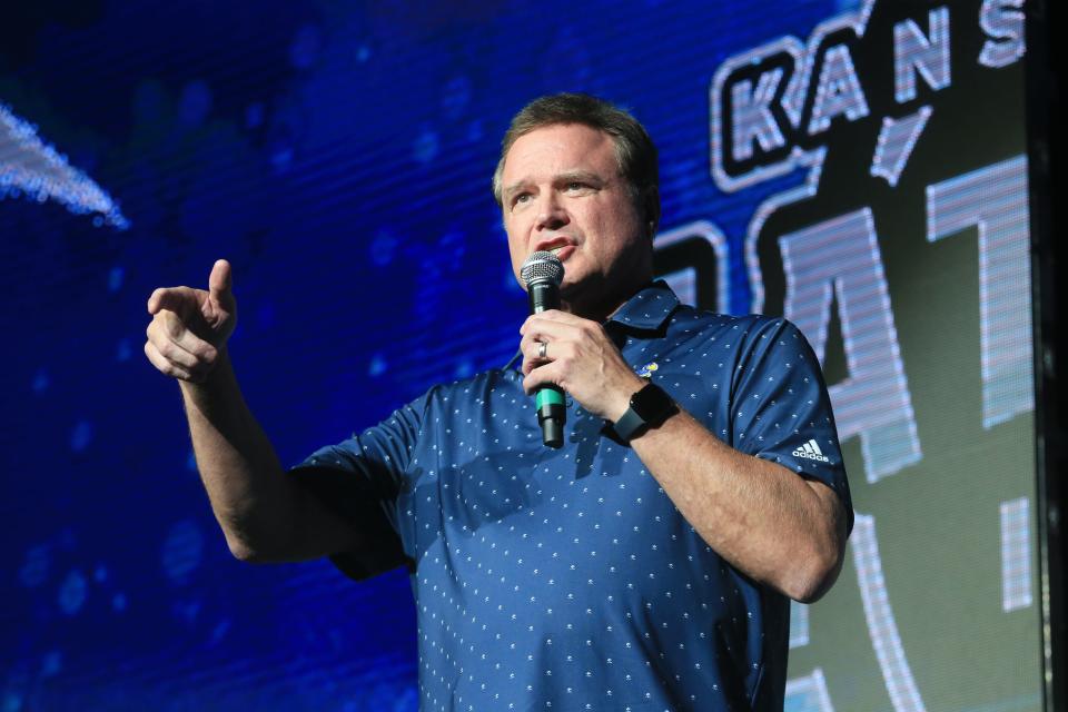 Kansas mens basketball coach Bill Self addresses the crowd and hypes his fans for another great season during Friday's Late Night in the Phog inside Allen Fieldhouse.