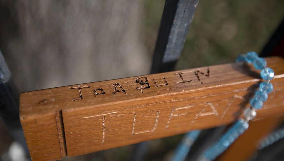 The name “Joaquin” is carved on a memorial that marks the spot at Spring and 34th streets in Paso Robles where the 17-year-old died in a high-speed crash on Thursday, Jan. 13, 2022.