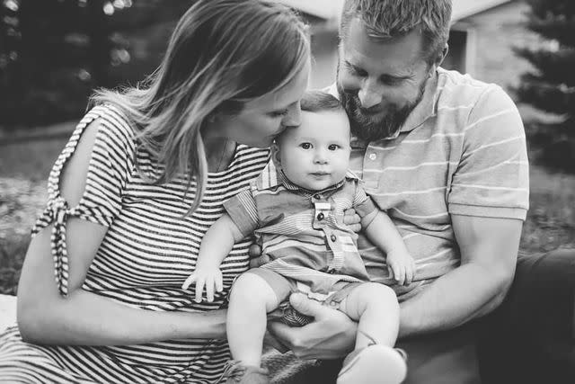 <p>Courtesy of Sarah Rasby </p> Erin with her fiancé Ty Prucha and their son Teddy, 6 months, at home in Lincoln, Nebraska.