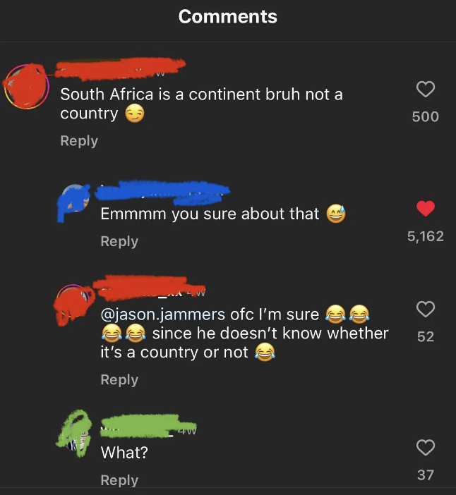 Series of social media comments debating whether South Africa is a country or continent, with users using emojis and laughing at the confusion