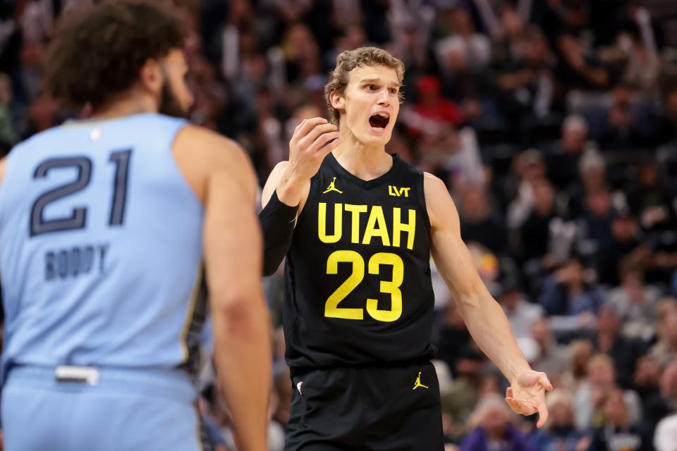 Utah Jazz forward Lauri Markkanen (23) calls for a foul after sinking a 3 during the game against the Memphis Grizzlies at the Delta Center in Salt Lake City on Wednesday, Nov. 1, 2023. | Spenser Heaps, Deseret News