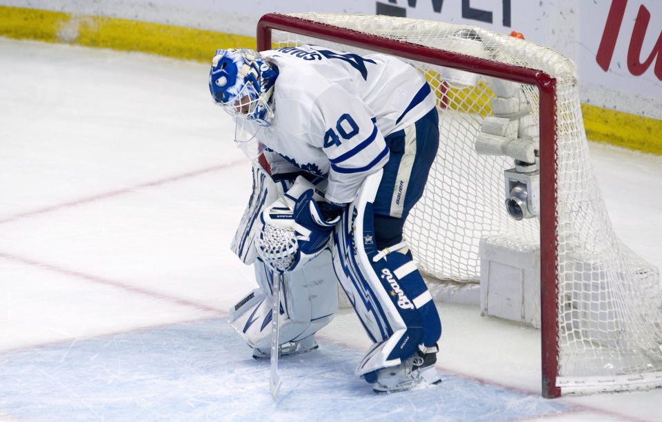 Toronto Maple Leafs goaltender Garret Sparks reacts following the Ottawa Senators fourth goal in NHL action Saturday March 30, 2019 in Ottawa, Ontario. (Adrian Wyld/The Canadian Press via AP)